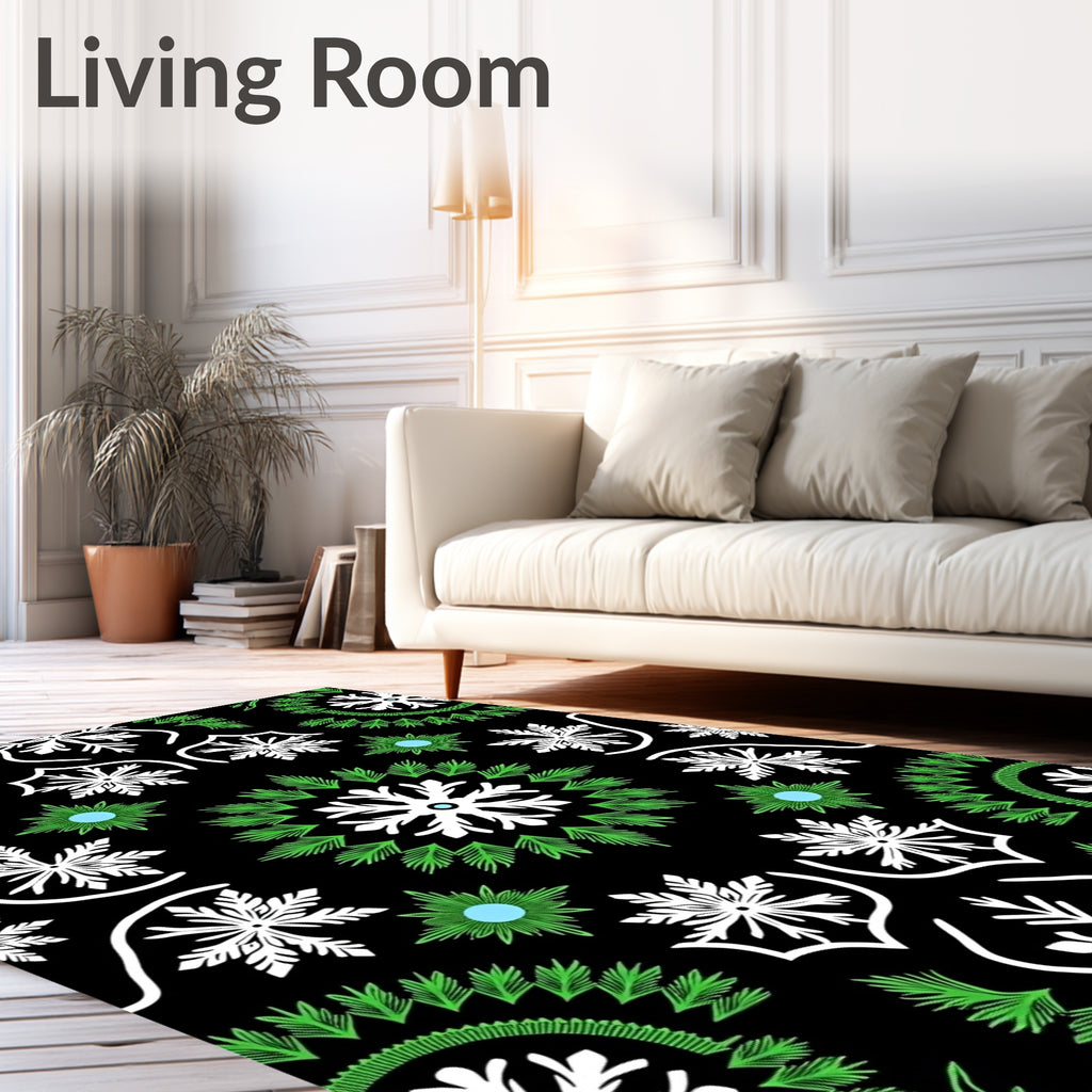 Black Green White Snowflake Medallion Rug
