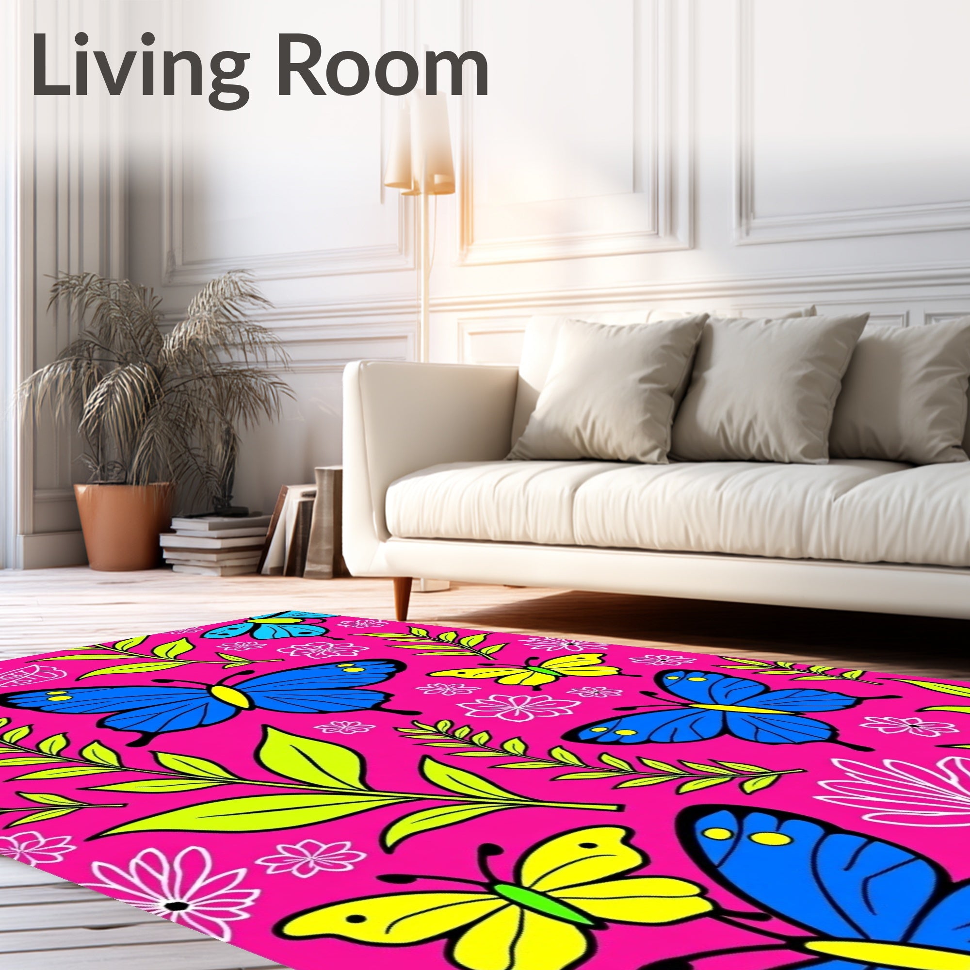 Vibrant Butterflies and Foliage on Pink Rug