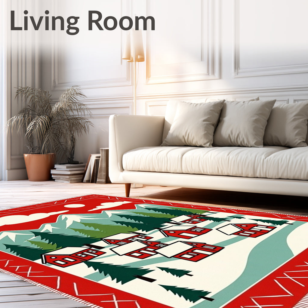 Cozy Red Village Mountain Scene Rug