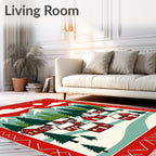 Cozy Red Village Mountain Scene Rug