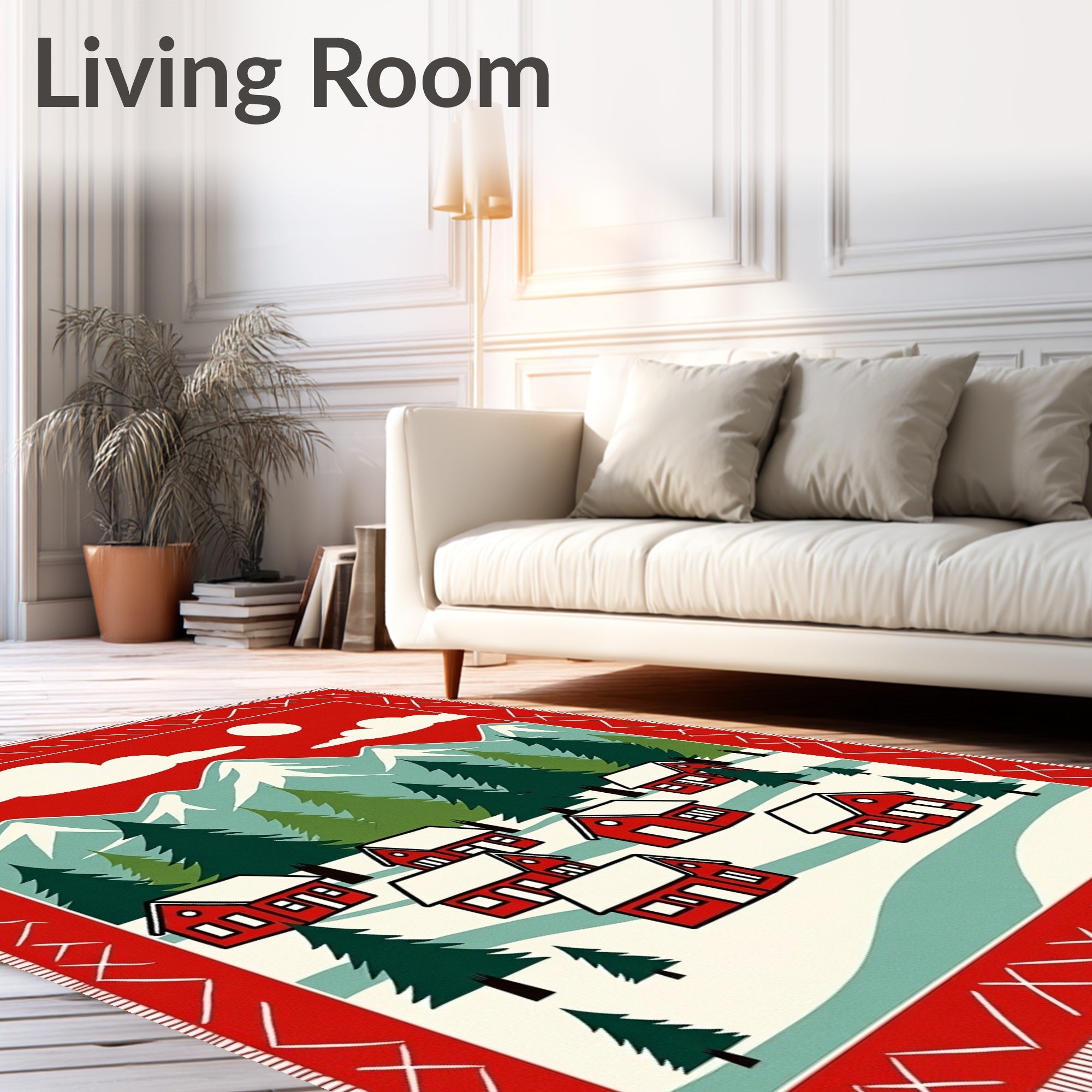 Cozy Red Village Mountain Scene Rug