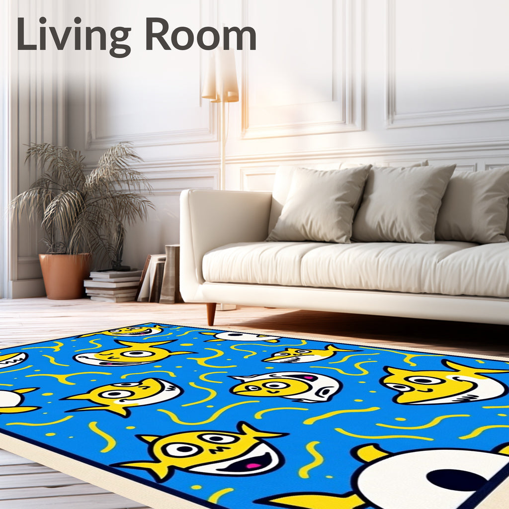 Whimsical Yellow Shark Blue Swirls Rug