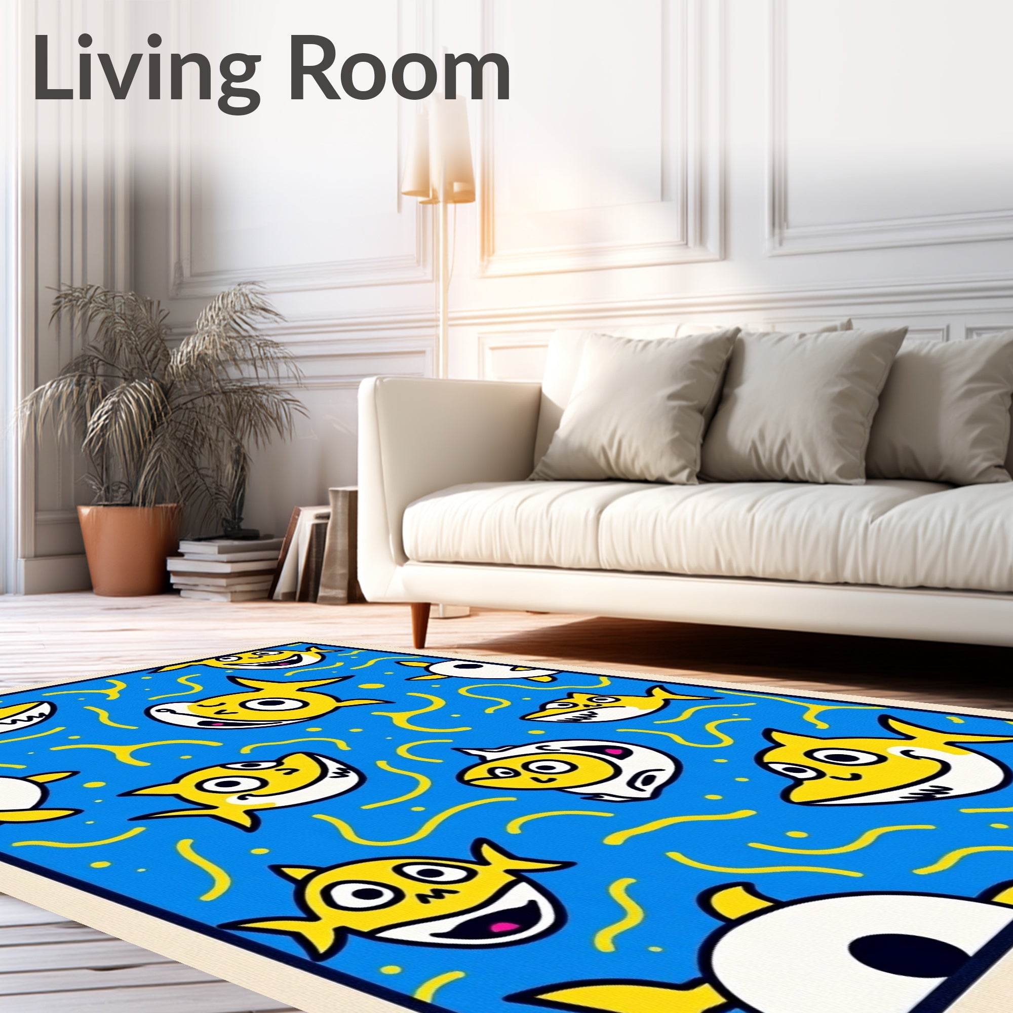 Whimsical Yellow Shark Blue Swirls Rug