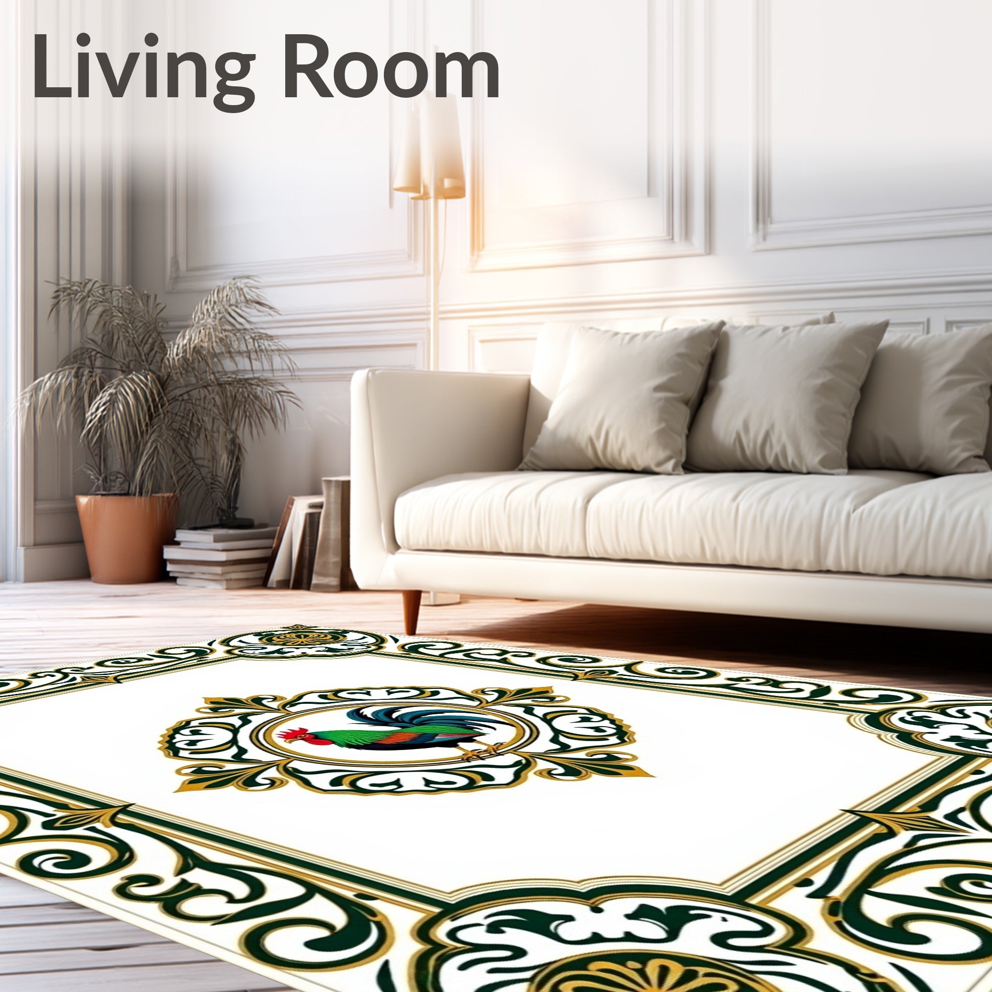 Green Rooster Floral Medallion Border Rug