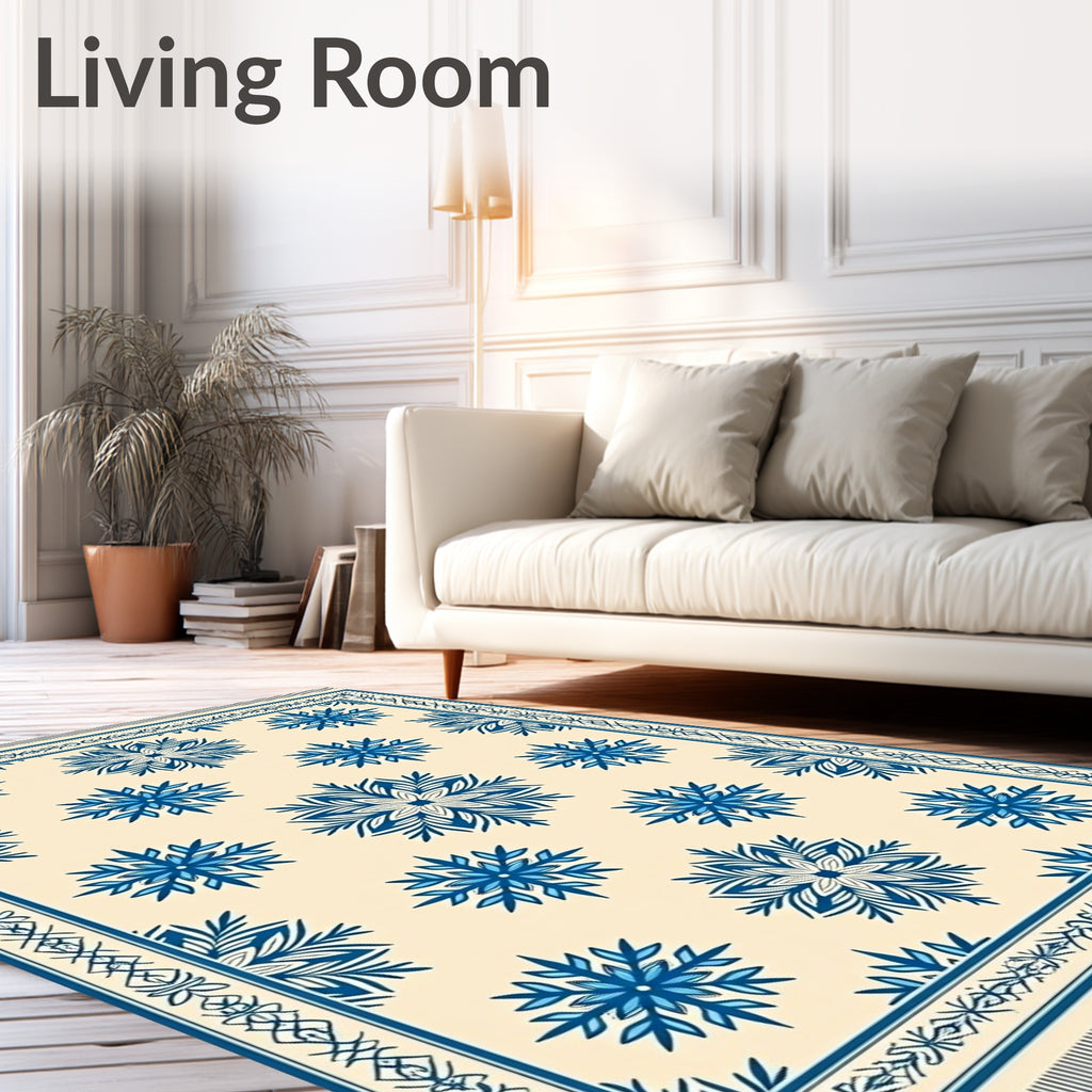 Cream And Blue Snowflake Medallion Overlay Rug