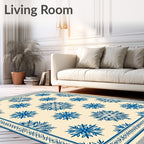 Cream And Blue Snowflake Medallion Overlay Rug
