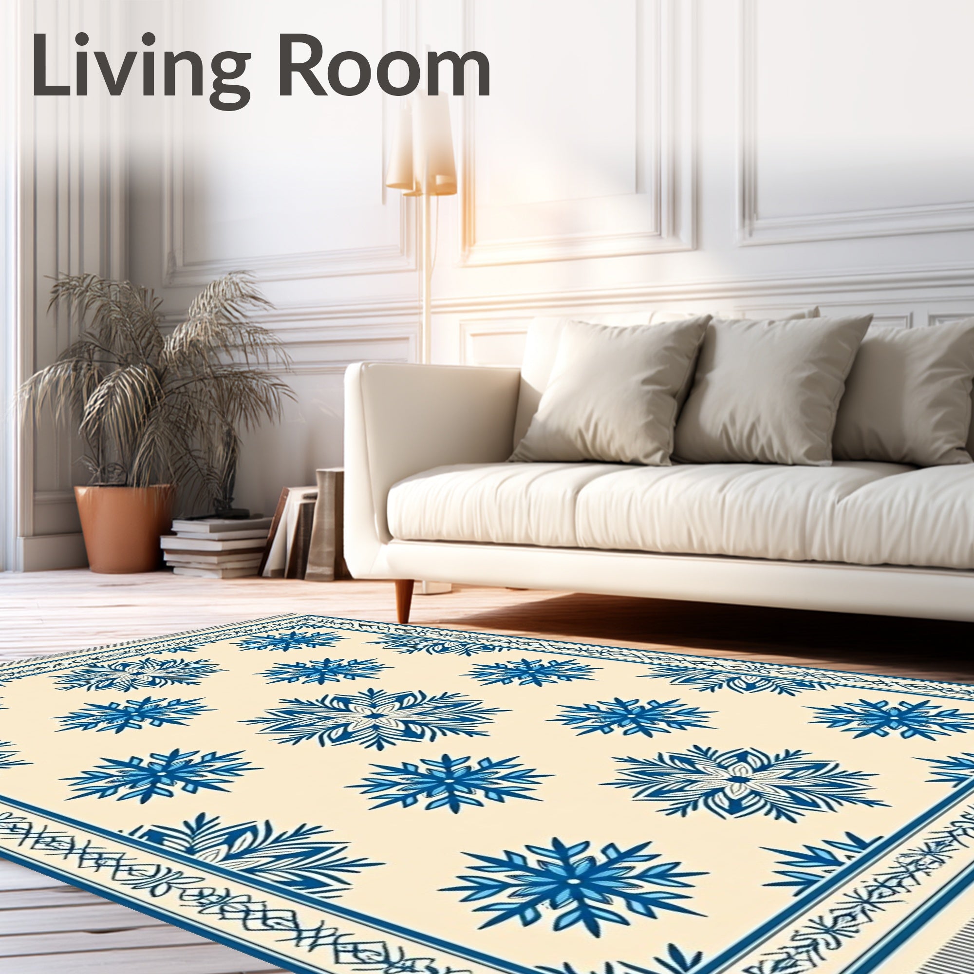 Cream And Blue Snowflake Medallion Overlay Rug