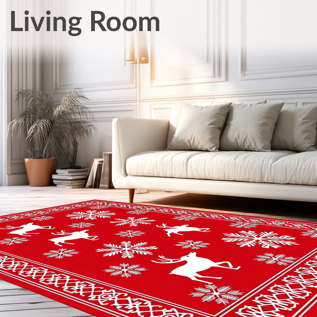 Red White Reindeer Snowflake Border Rug