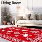 Red White Reindeer Snowflake Border Rug