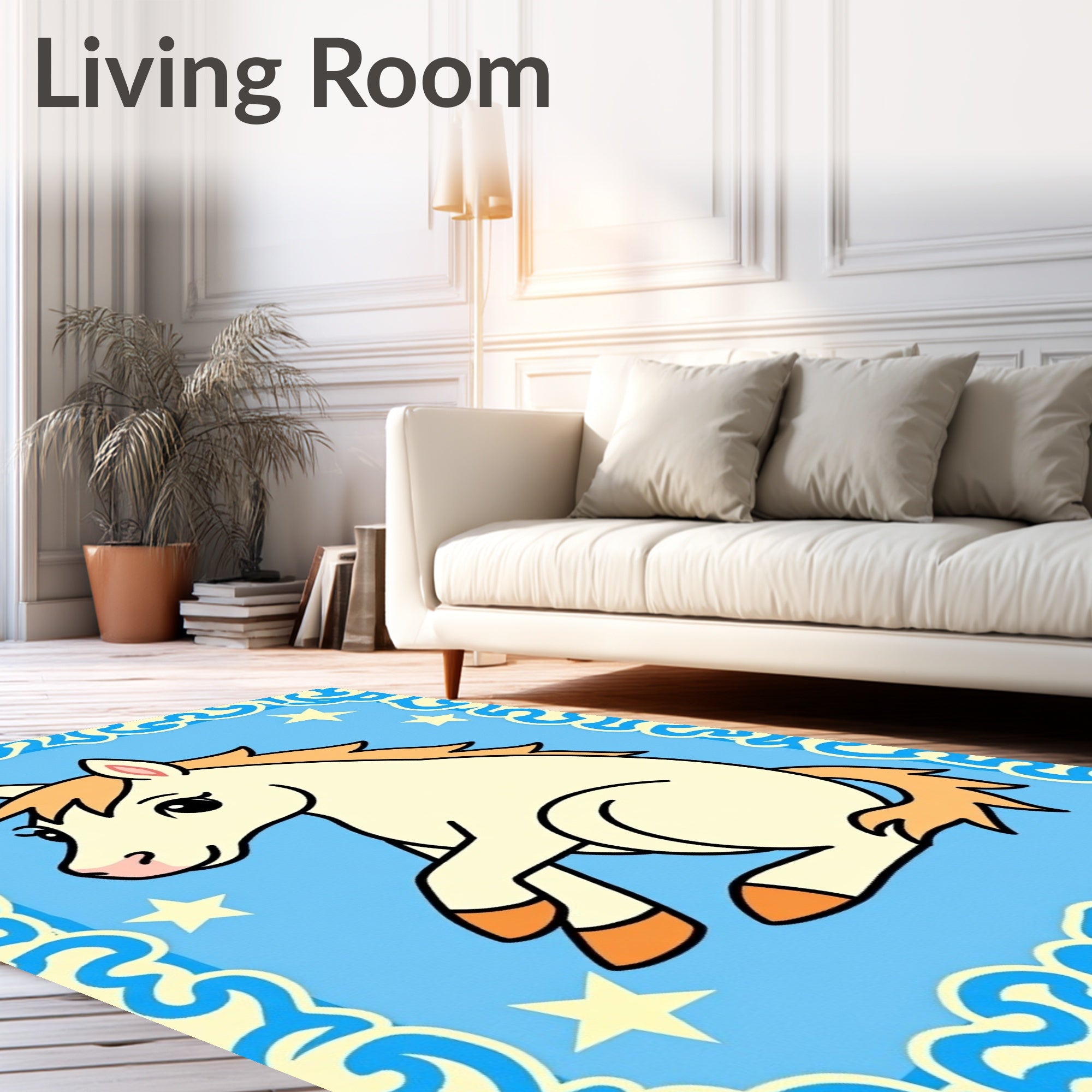 Playful Cream Horse Starry Blue Rug