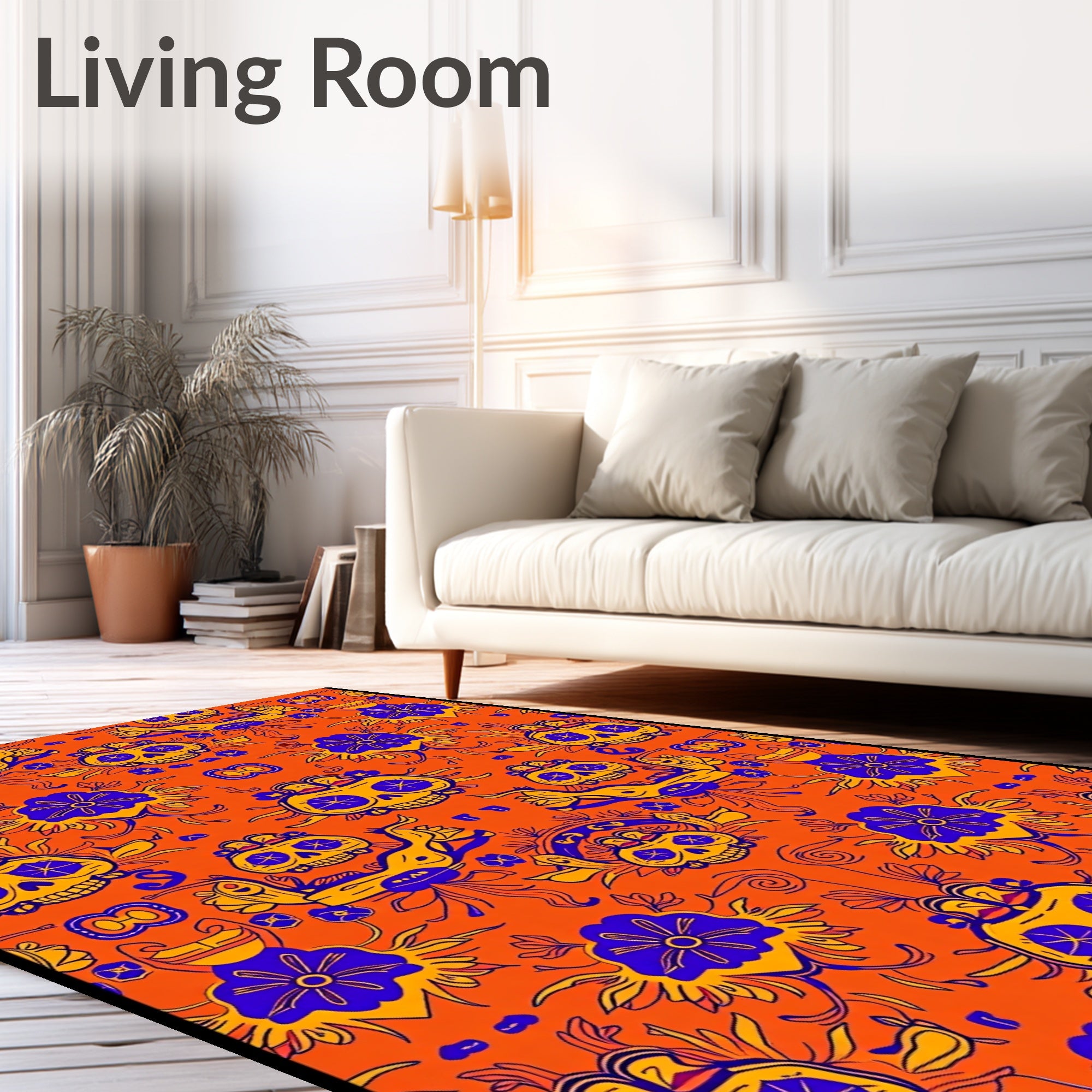 Orange And Blue Skull Floral Arrangement Rug