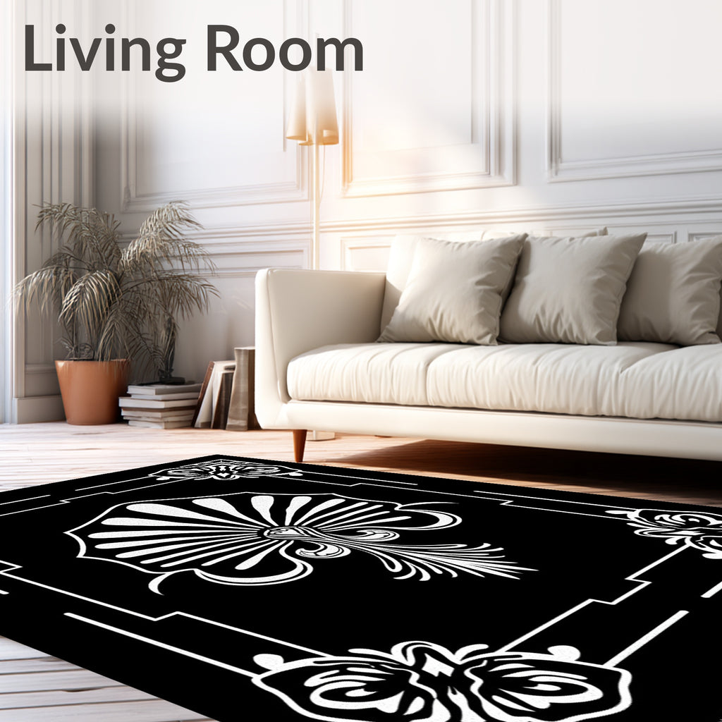 Art Deco Black White Floral Fan Rug