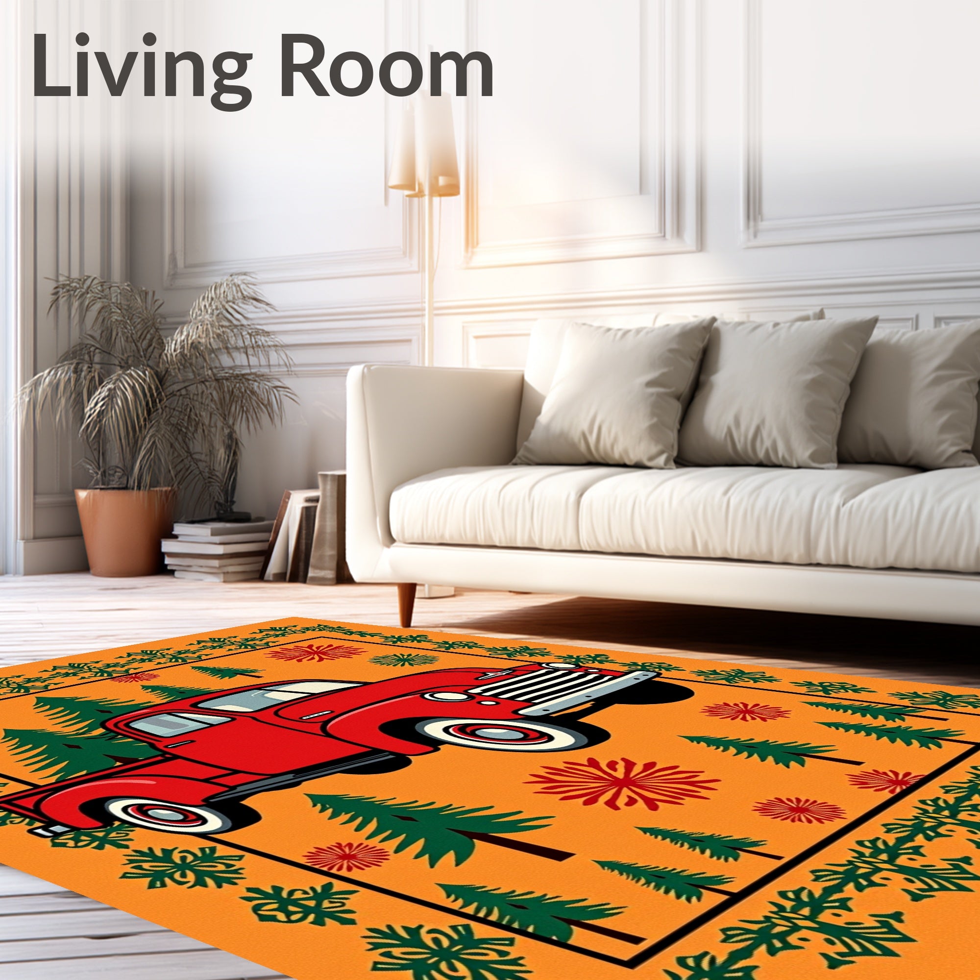 Vintage Red Pickup Truck Evergreen Scene Rug