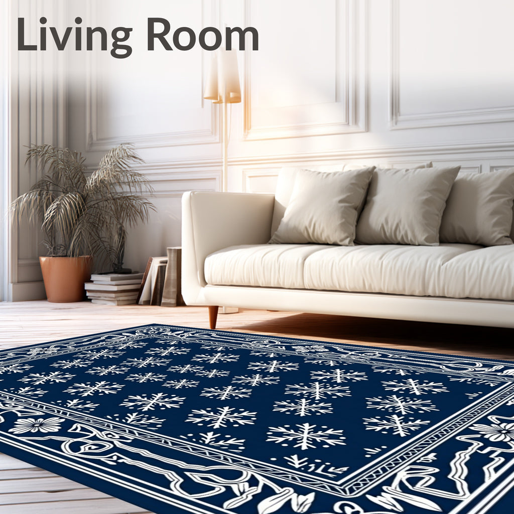Classic Navy Snowflake Floral Border Rug