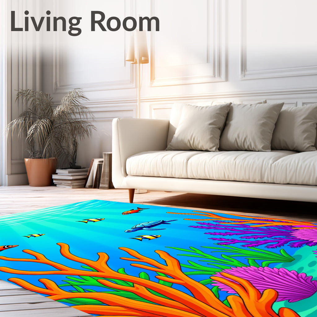 Aqua Marine Life Turtle Coral Scene Rug