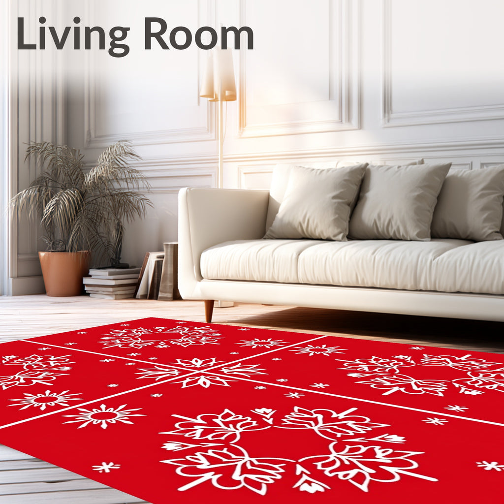 Crimson White Snowflake Mandala Arrangement Rug