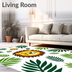 Cute Lion Faces Green Jungle Leaves Rug