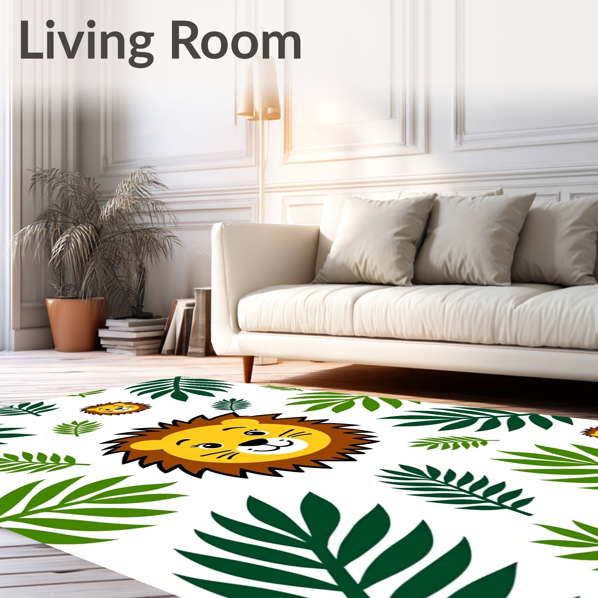 Cute Lion Faces Green Jungle Leaves Rug
