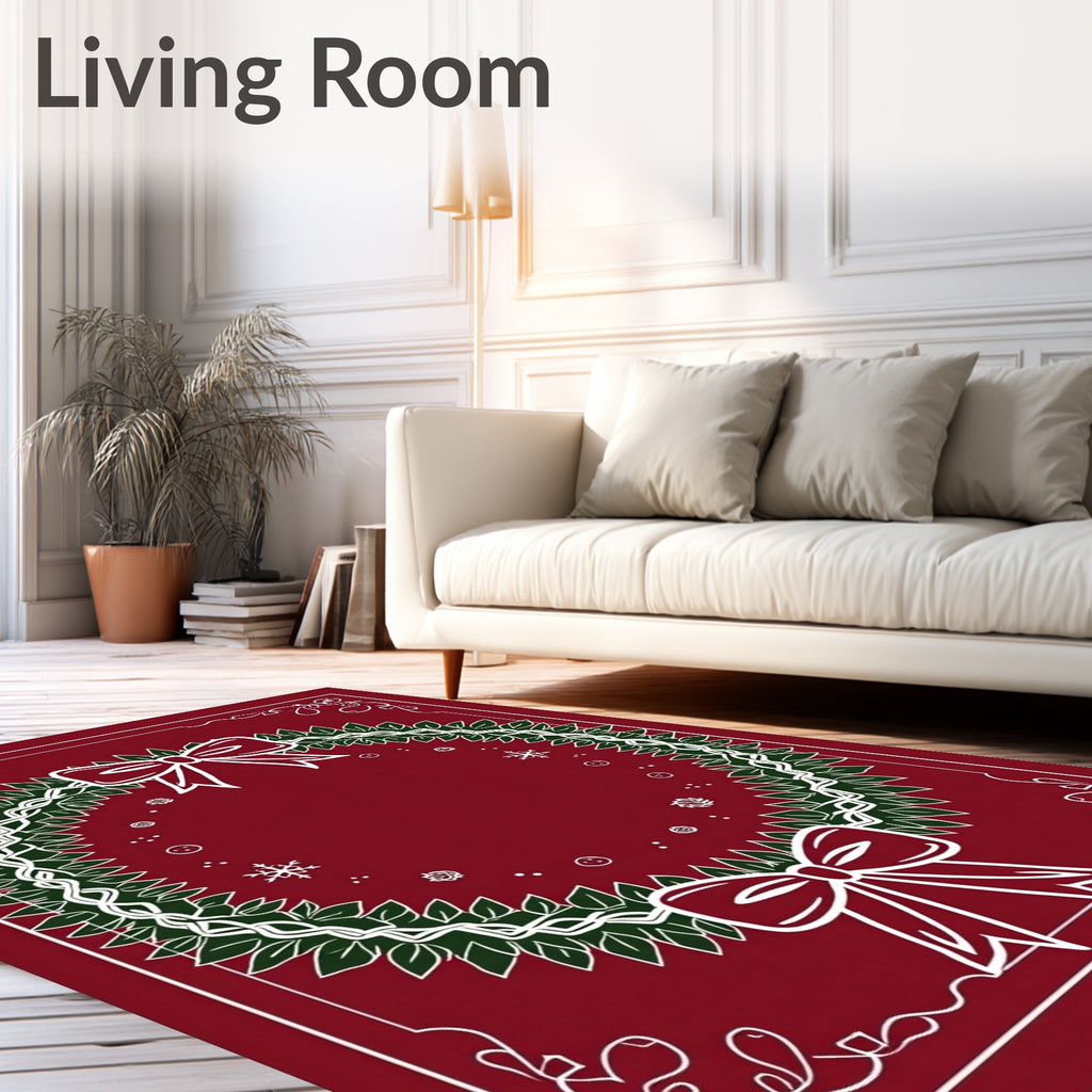 Holiday Wreath Red Bows Snowflakes Border Rug