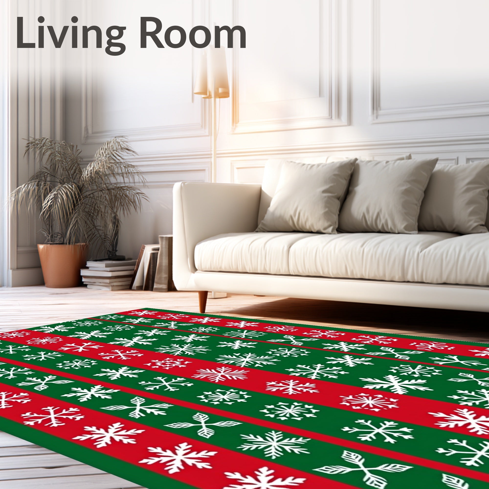 Red Green Striped Snowflakes Rug