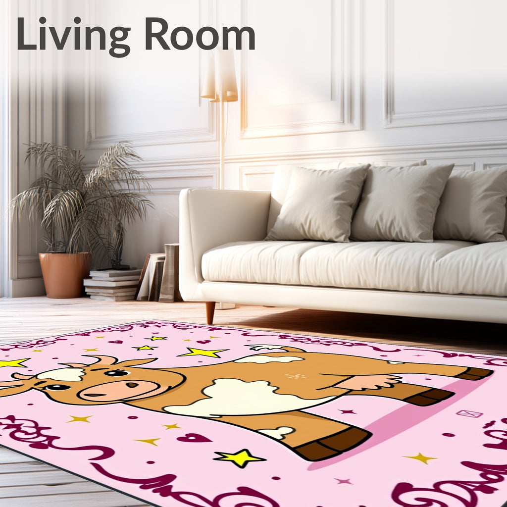 Whimsical Brown Cow Starry Pink Rug