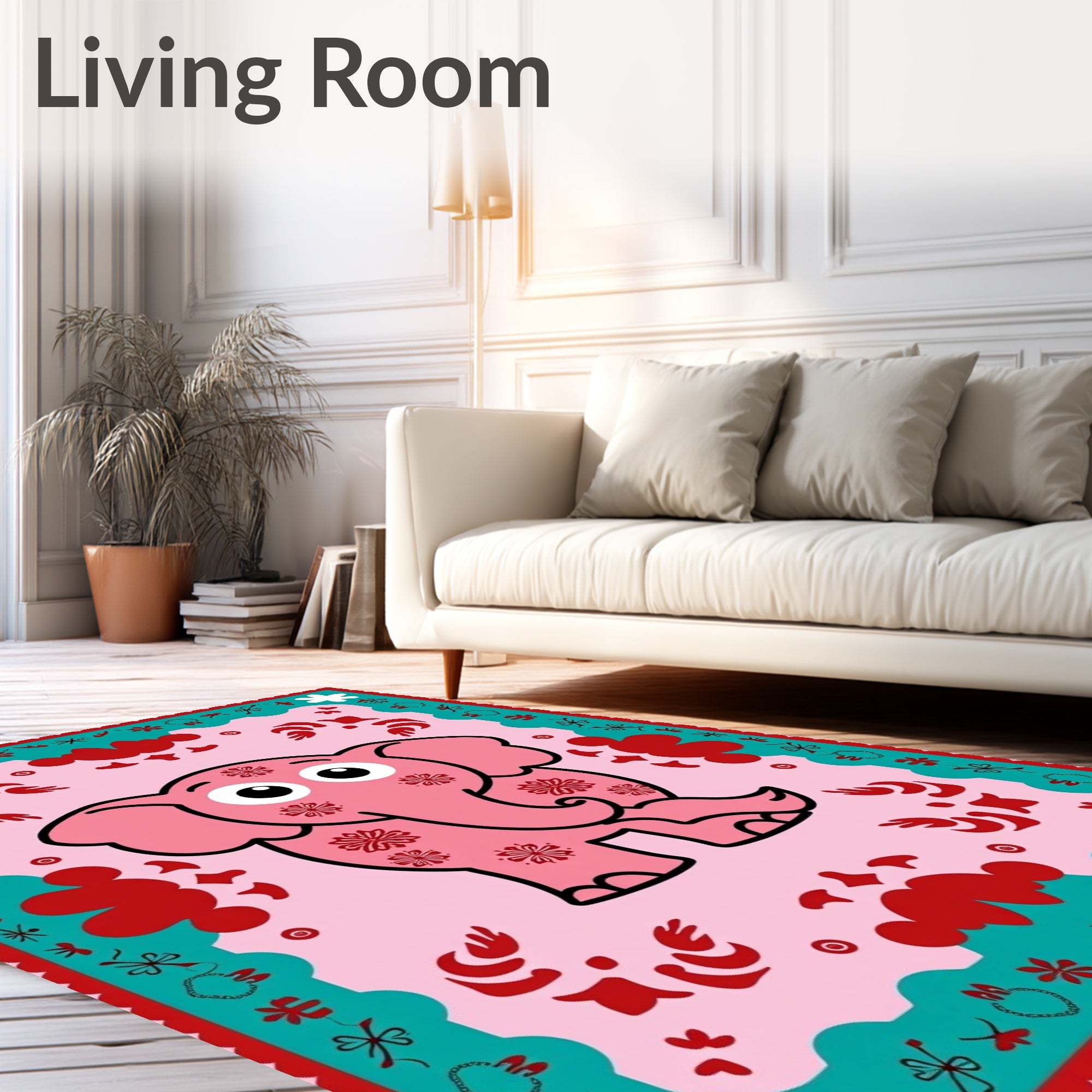 Pink Elephant Floral Border Rug