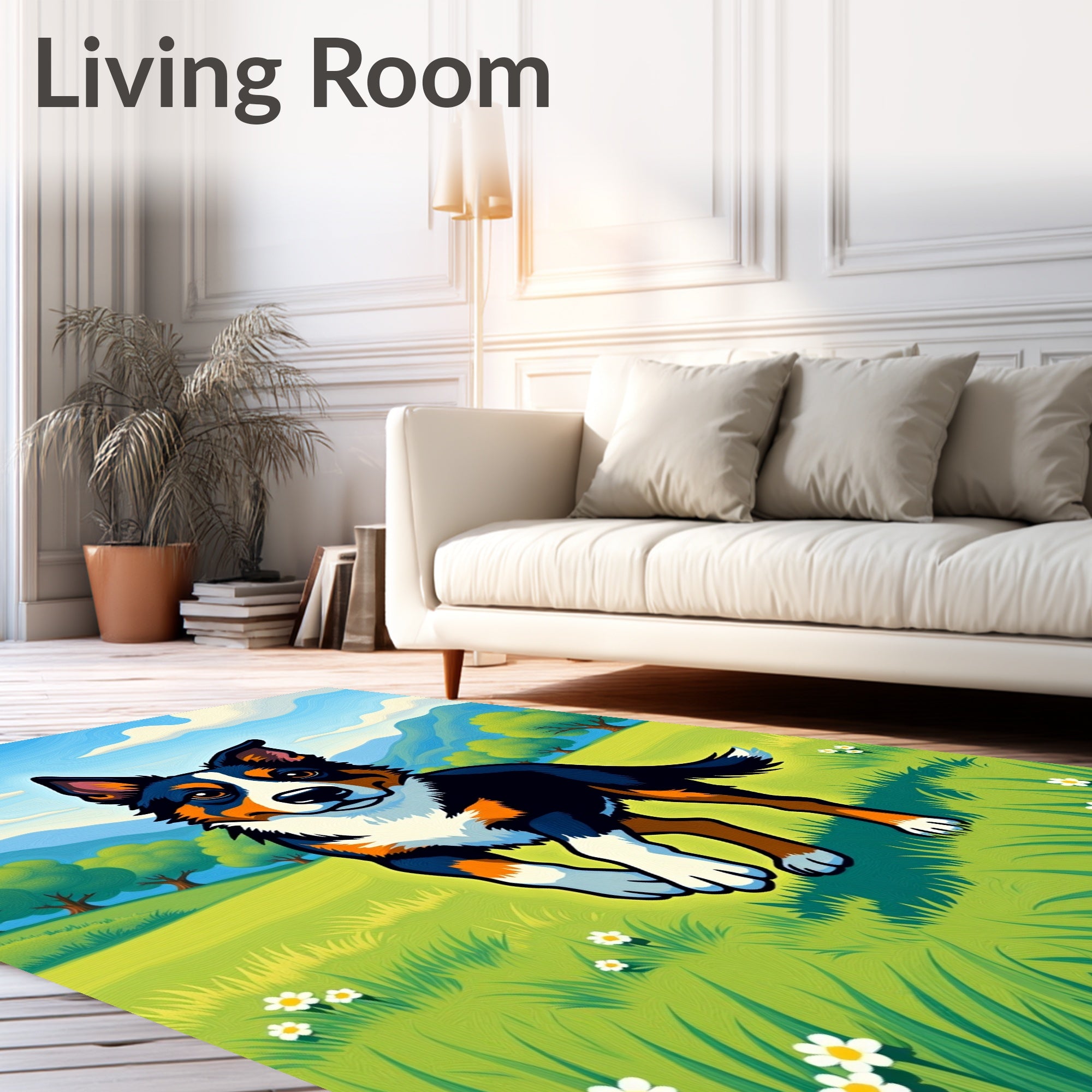 Happy Black Tri Dog Running Green Field Rug