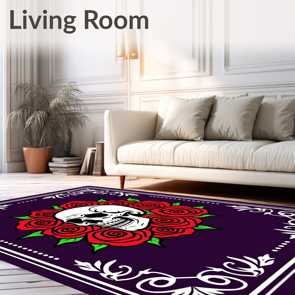Dark Purple Skull Red Rose Border Rug