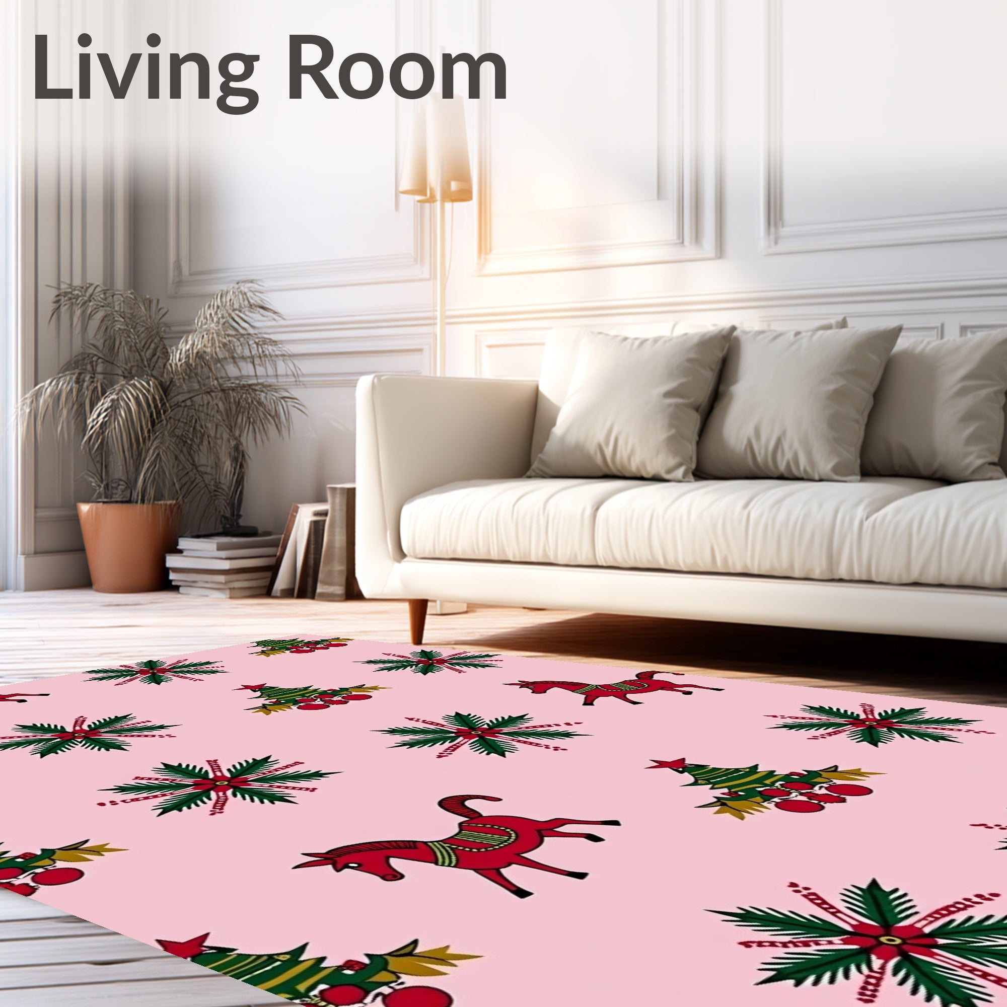 Pink Christmas Horses and Trees Rug