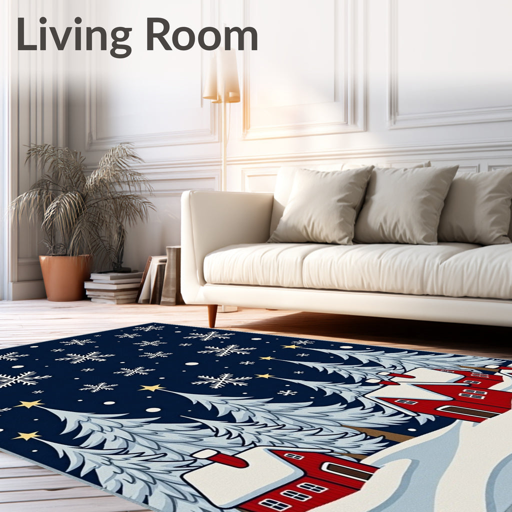 Winter Snow Houses Snowflake Scene Rug