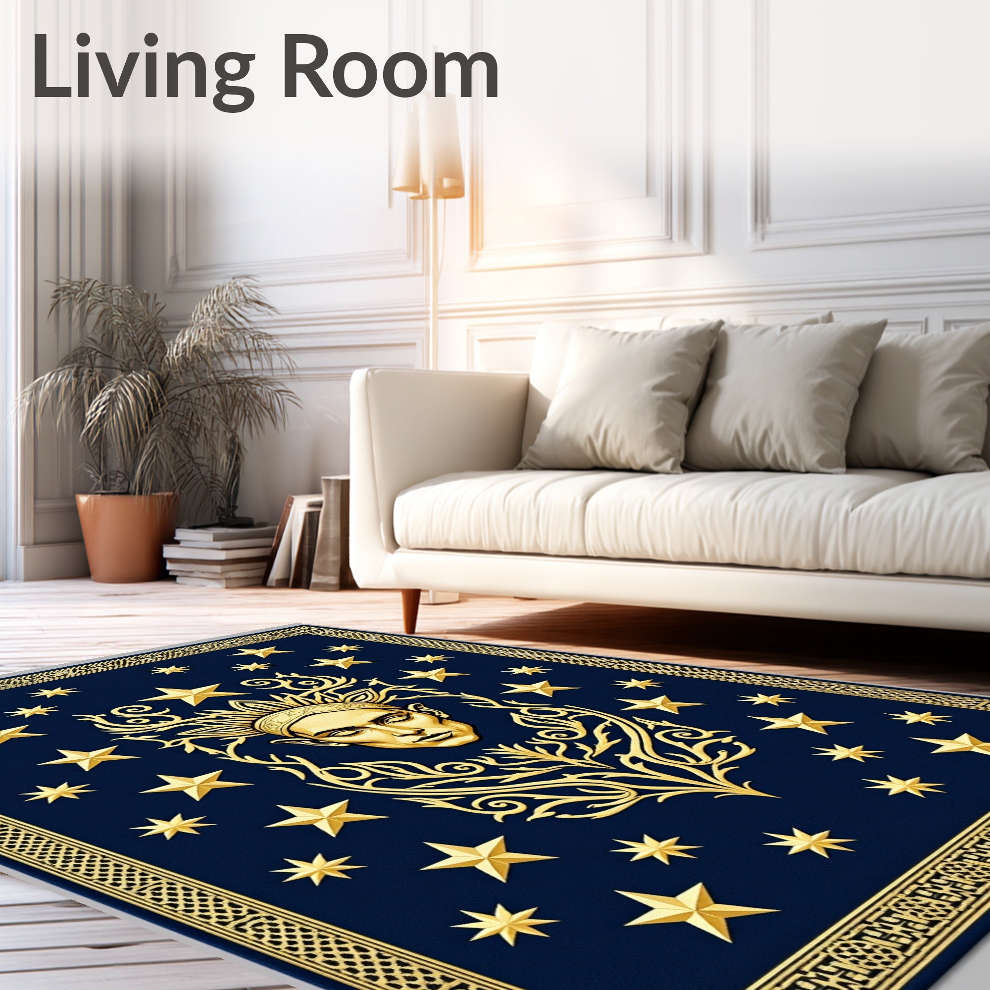 Golden Celestial Face Stars Border Rug