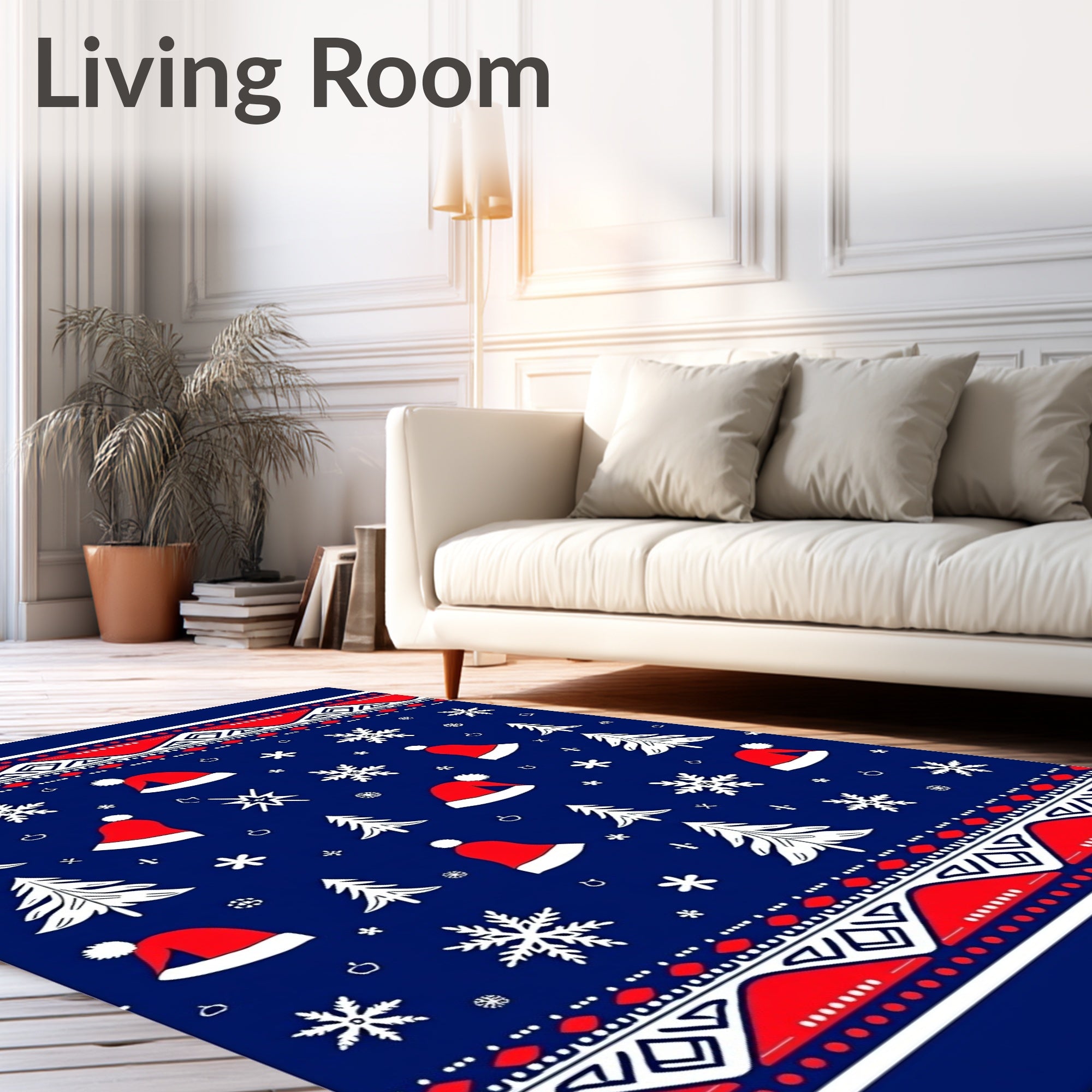 Christmas Trees Snowflakes Red Hats Navy Rug