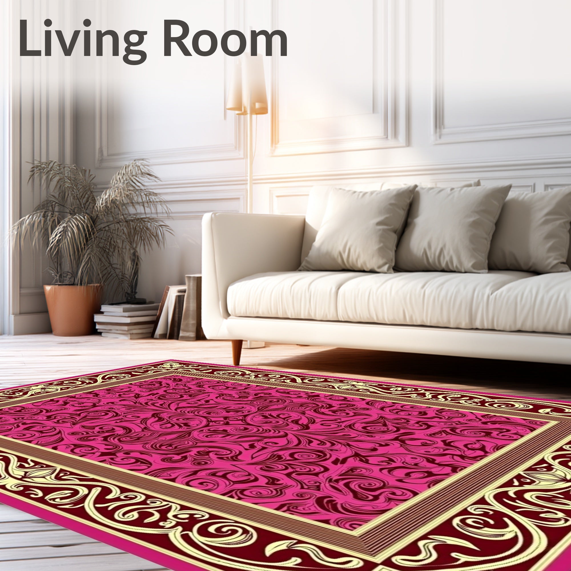 Crimson Pink Floral Damask Frame Rug