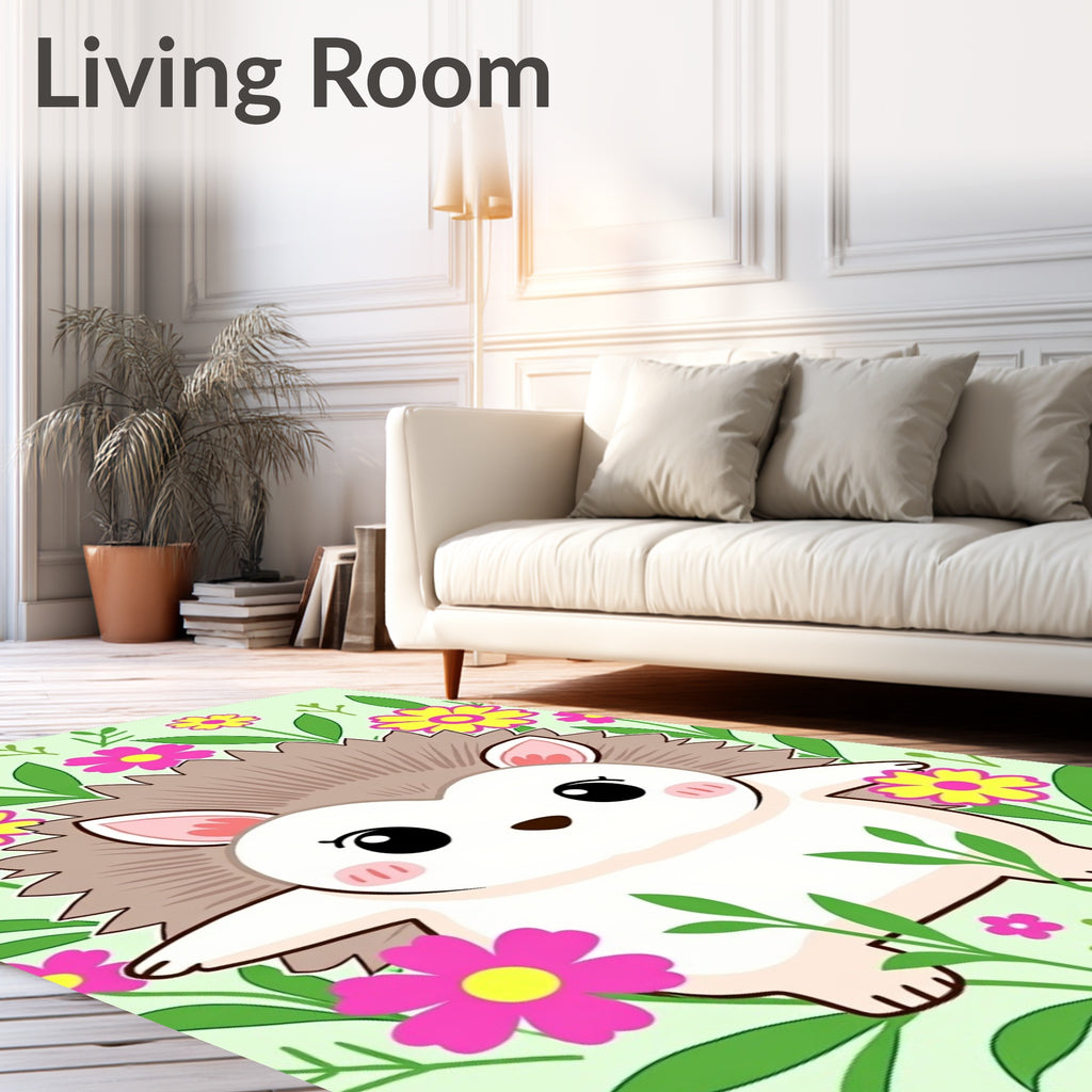 Cute Hedgehog Among Pink Yellow Flowers Rug