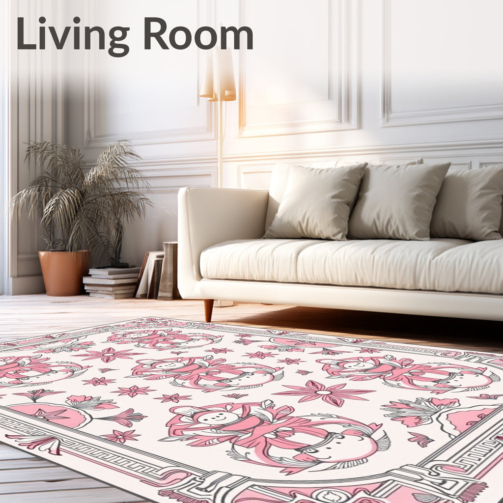 Pink Child Figure Floral Frame Rug