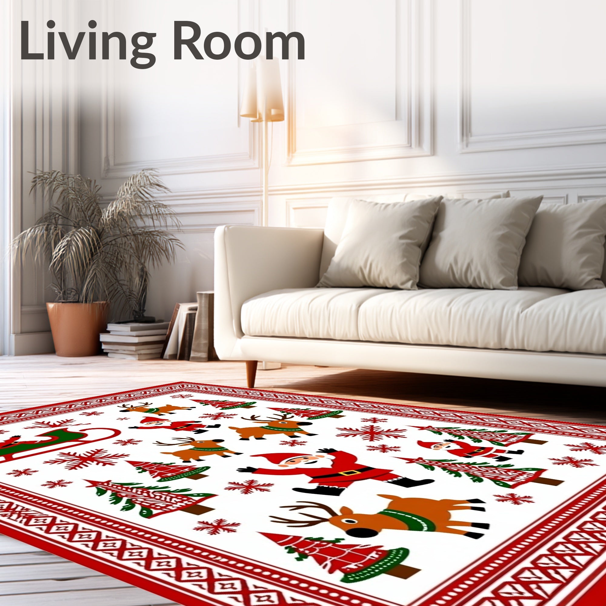Festive Red Santa Snowflakes Reindeer Trees Rug