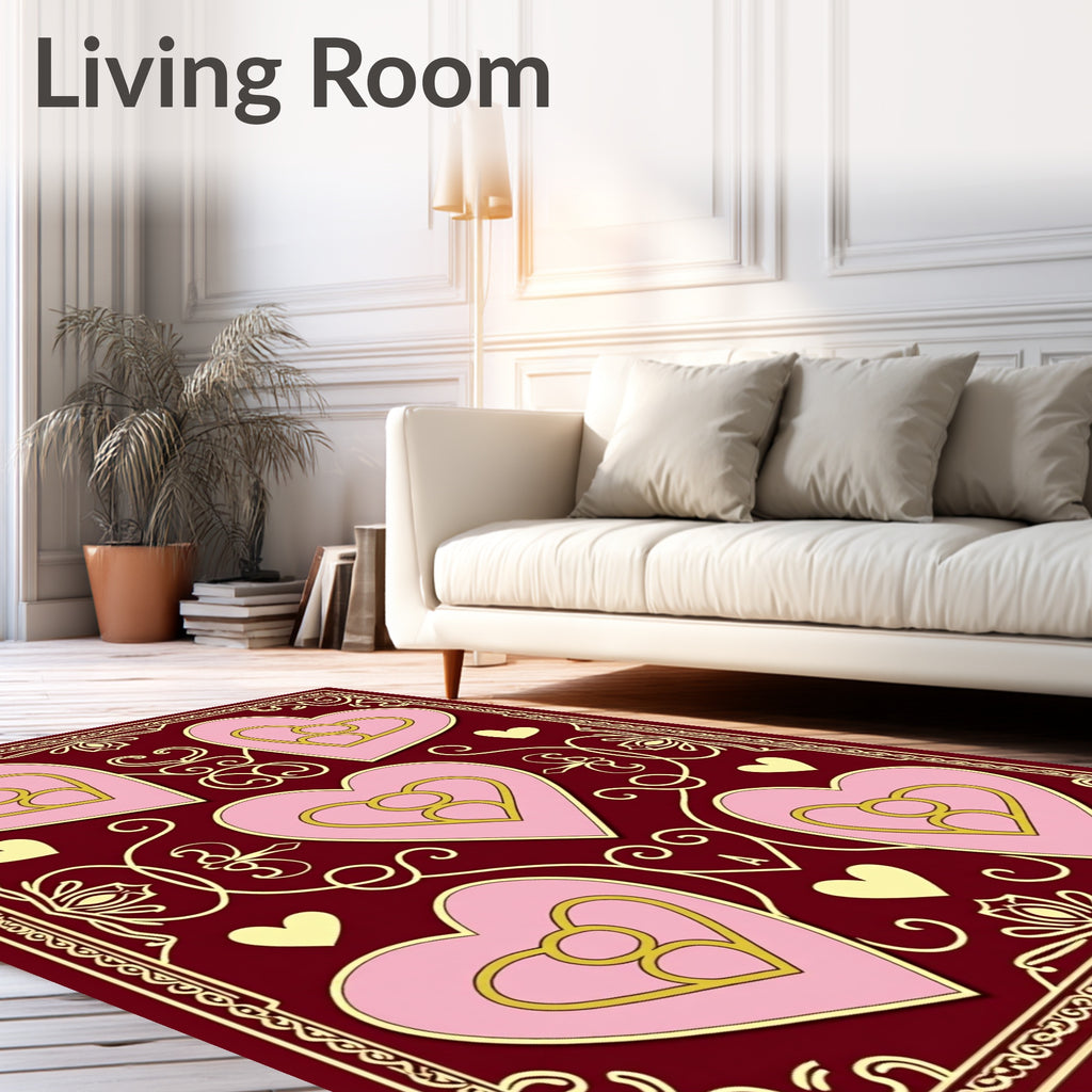Golden Pink Hearts Burgundy Border Rug