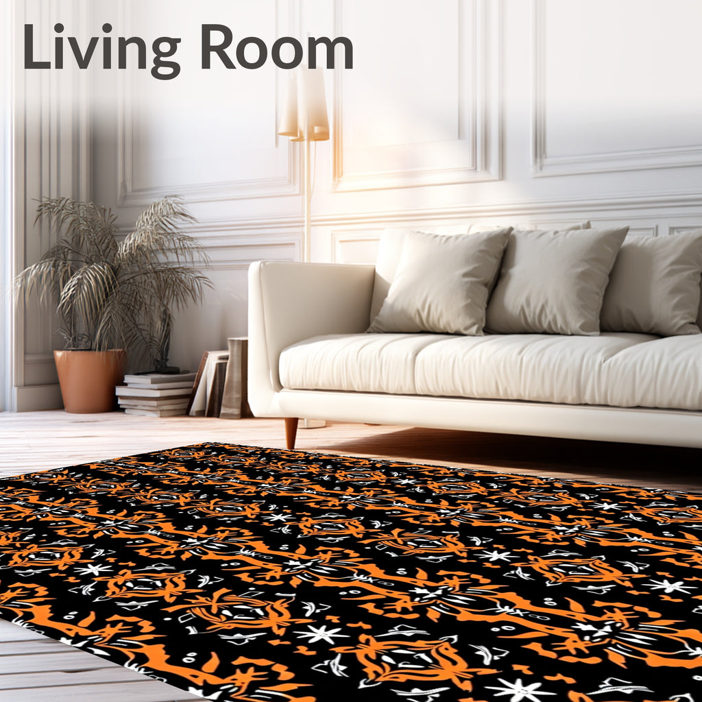Ornate Black Orange Tribal Symmetry Rug