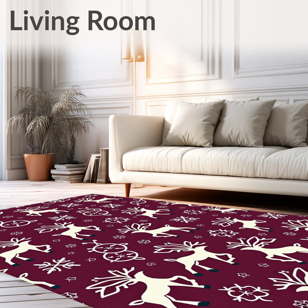 Cream Reindeer Snowflake Burgundy Accents Rug