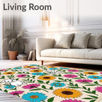 Joyful puppies with vibrant floral field Rug