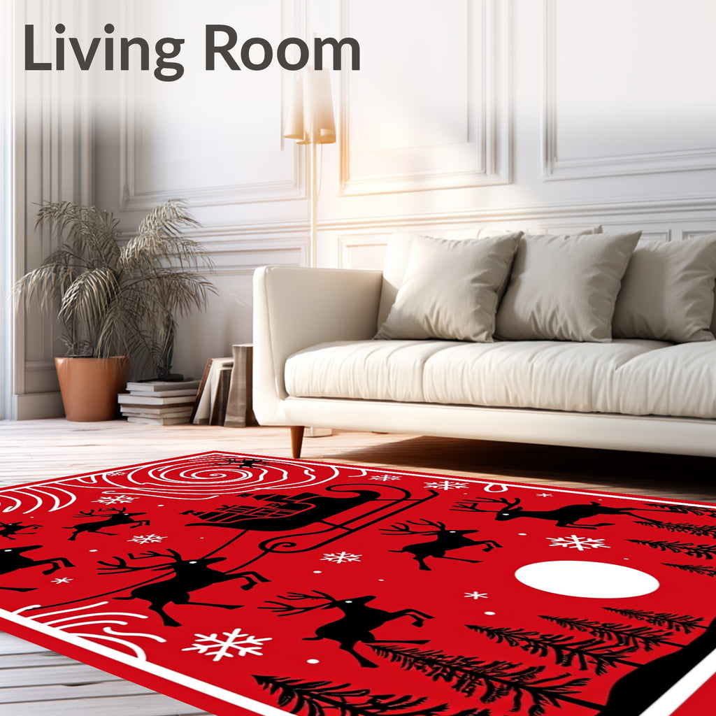 Red Sleigh Reindeer Snowy Night Rug