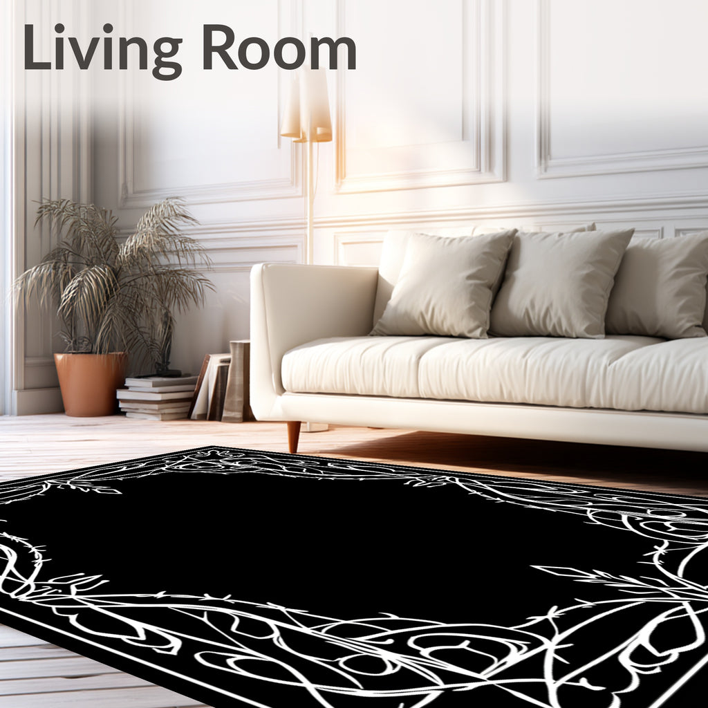 White Art Nouveau Floral Vine Frame Rug