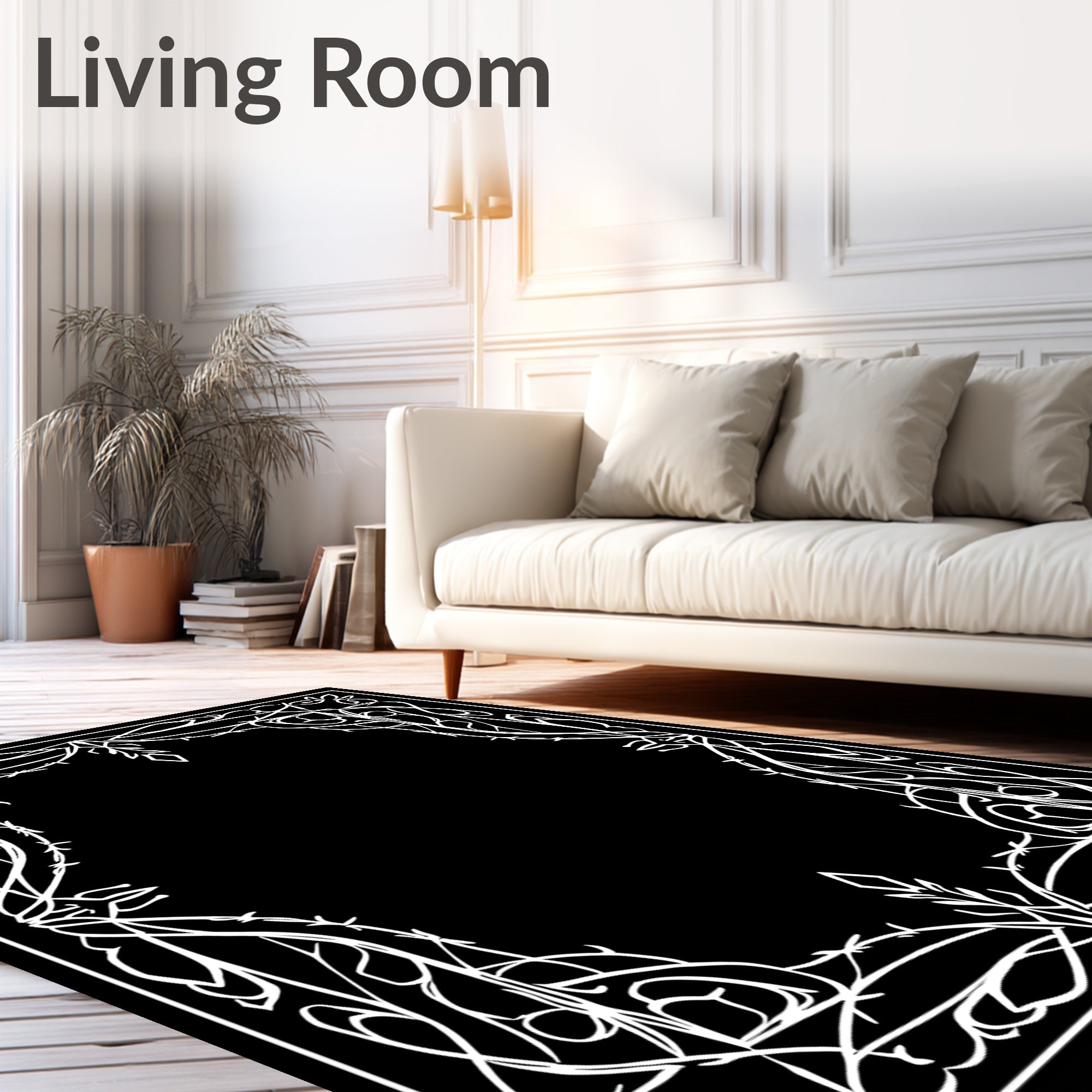 White Art Nouveau Floral Vine Frame Rug