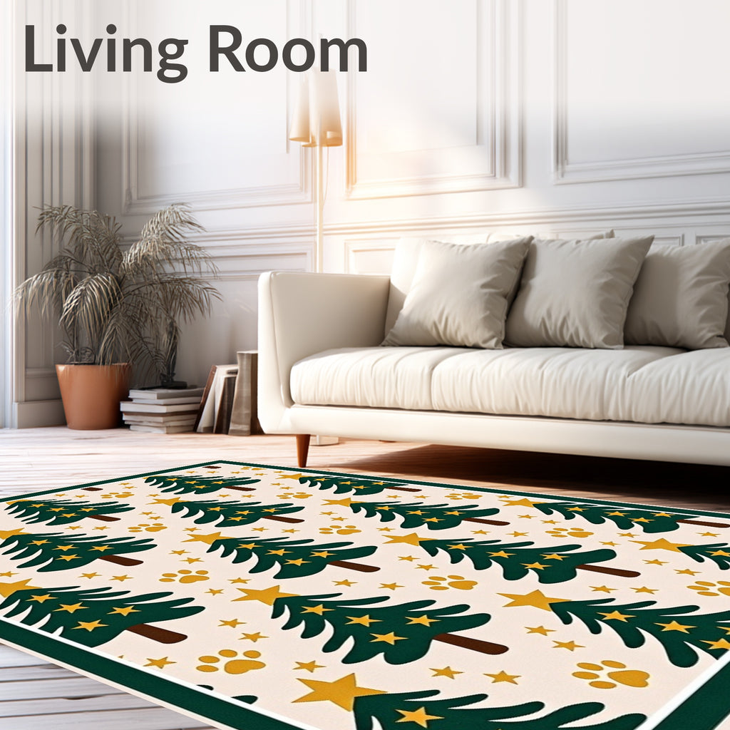 Green Christmas Trees Paw Prints Stars Rug