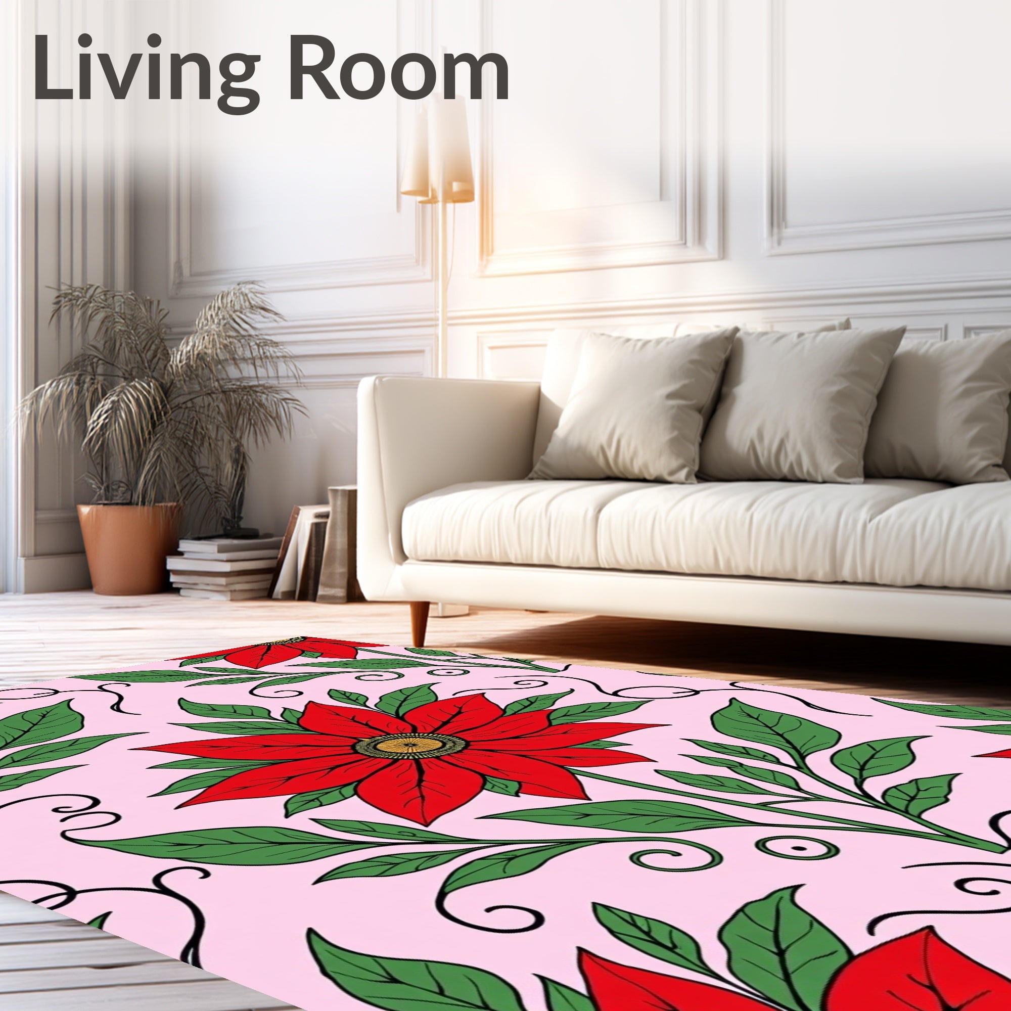Vibrant Red Floral Vines Pink Rug