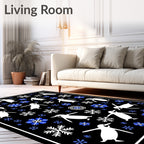 White Penguins Blue Snowflakes Black Rug