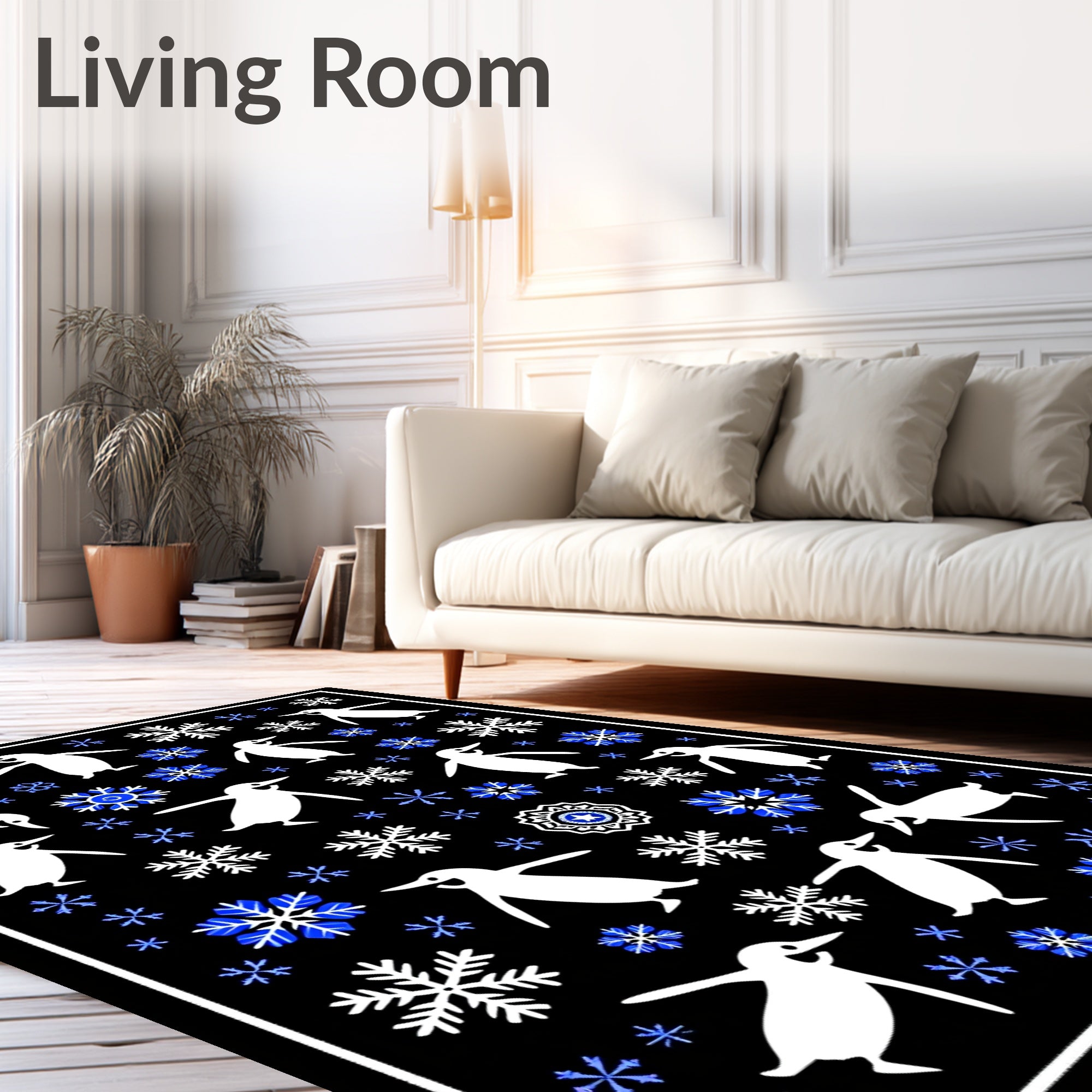 White Penguins Blue Snowflakes Black Rug