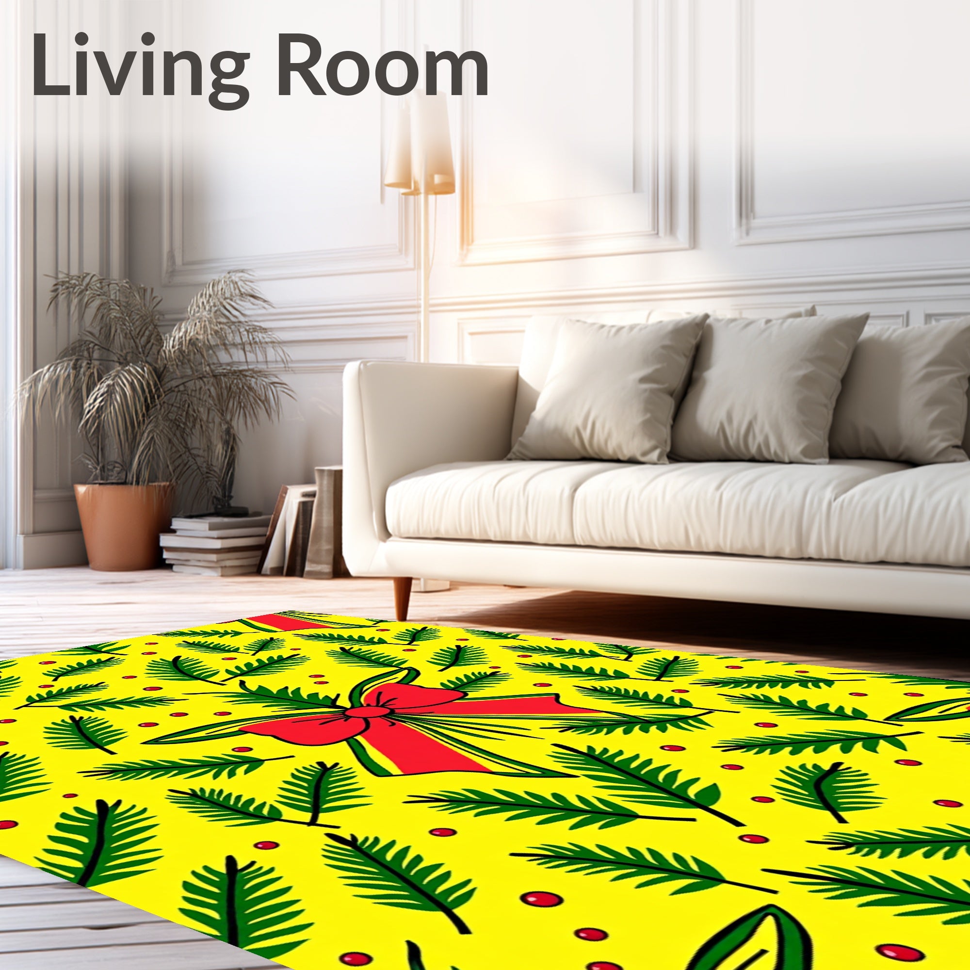 Festive Red Bow Green Pine Sprigs Rug