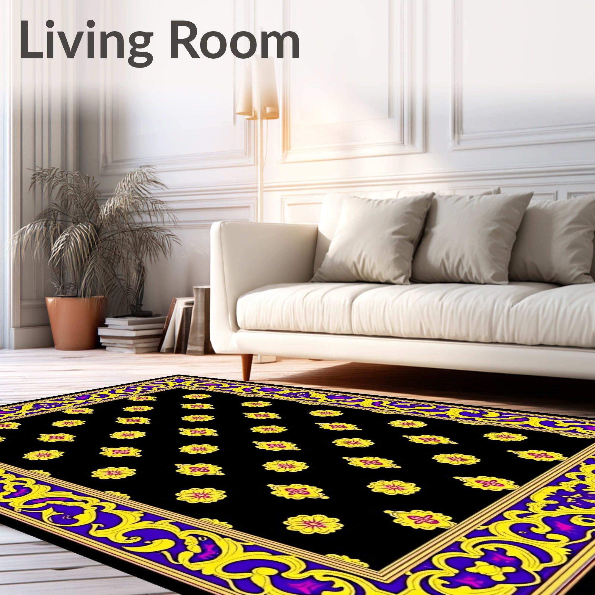 Ornate Yellow Floral Black Medallion Rug