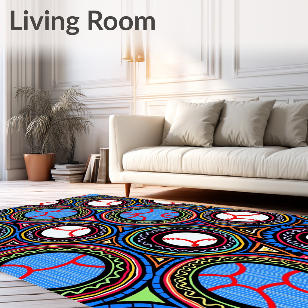 Colorful Circular Baseball Motif Rug